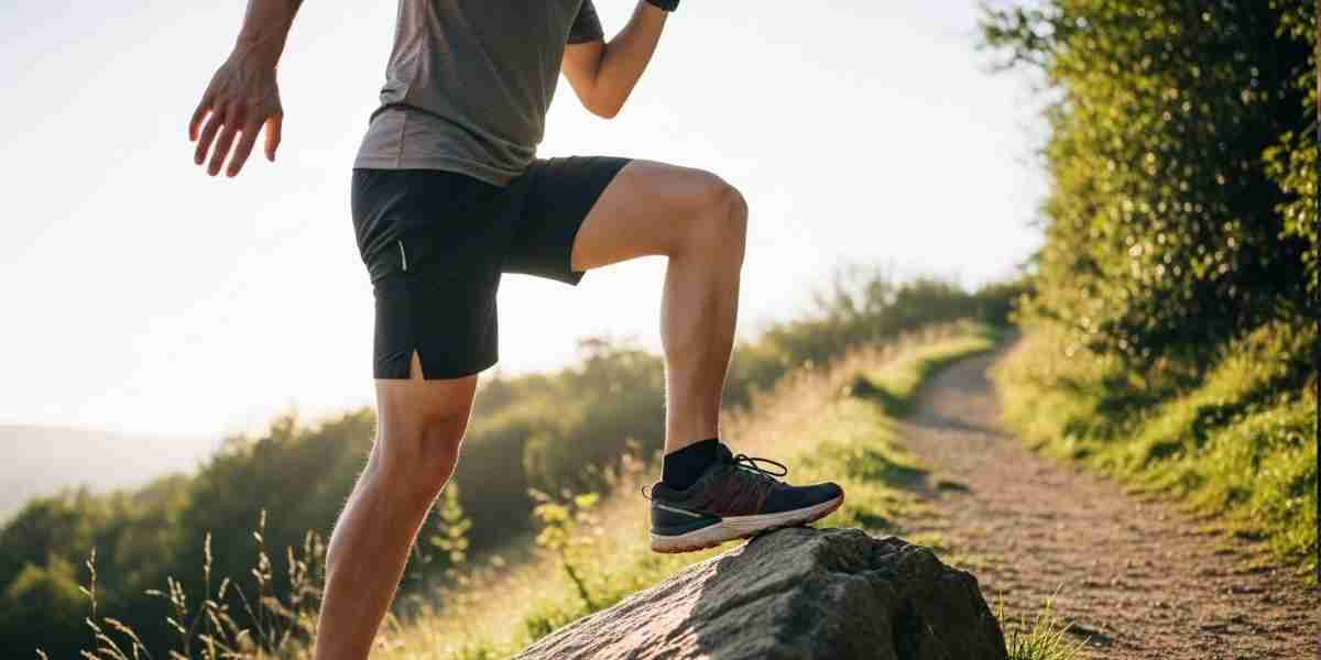 A determined hiker doing step-ups on a rock as part of their strength training for hiking in the mountains.