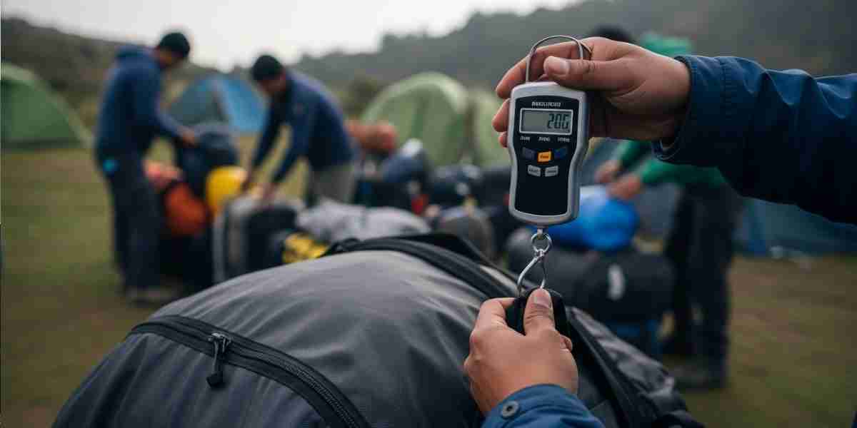 A guide carefully checking the weight of a porter's pack to ensure compliance with porter welfare Peru regulations before starting the day's hike.