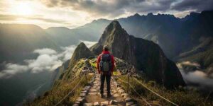 A hiker pausing to look out at the vast Andes, contemplating the spiritual meaning of the Inca Trail.