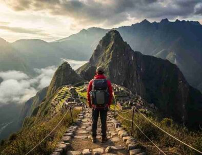 A hiker pausing to look out at the vast Andes, contemplating the spiritual meaning of the Inca Trail.
