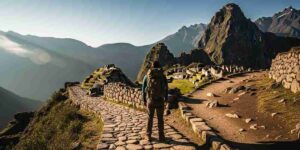 A hiker stands at a fork in a trail, representing the choice of Inca Trail vs. Salkantay Trek, with epic Andean peaks in the background under a dramatic sky.