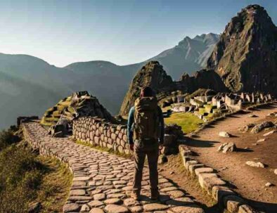 A hiker stands at a fork in a trail, representing the choice of Inca Trail vs. Salkantay Trek, with epic Andean peaks in the background under a dramatic sky.