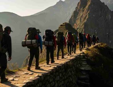 A line of porters hiking with dignity on a mountain path during an ethical trekking in Peru expedition, with the majestic Andes mountains in the background.