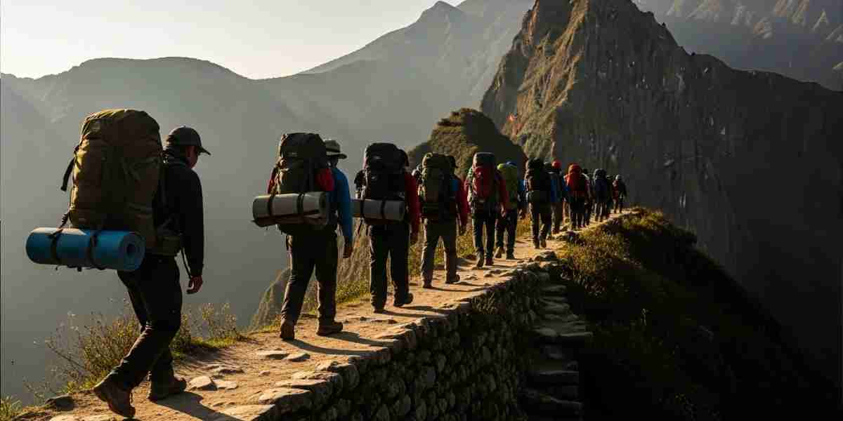 A line of porters hiking with dignity on a mountain path during an ethical trekking in Peru expedition, with the majestic Andes mountains in the background.