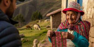 A local Quechua woman in traditional clothing smiling while herding llamas on a mountain path during the Lares Trek in Peru.