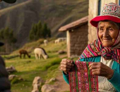 A local Quechua woman in traditional clothing smiling while herding llamas on a mountain path during the Lares Trek in Peru.