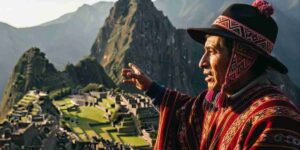 A local guide explaining the profound relationship between the Andean Cosmovision and Machu Picchu, with the sunlit ruins visible in the background.