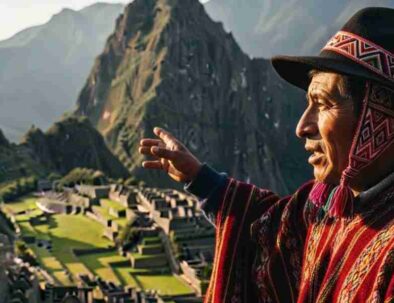 A local guide explaining the profound relationship between the Andean Cosmovision and Machu Picchu, with the sunlit ruins visible in the background.