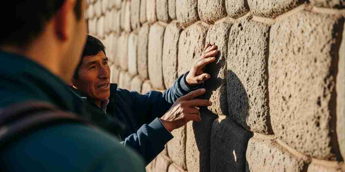 A local guide explains the history of an Inca wall to a traveler, demonstrating community-based tourism in Cusco.