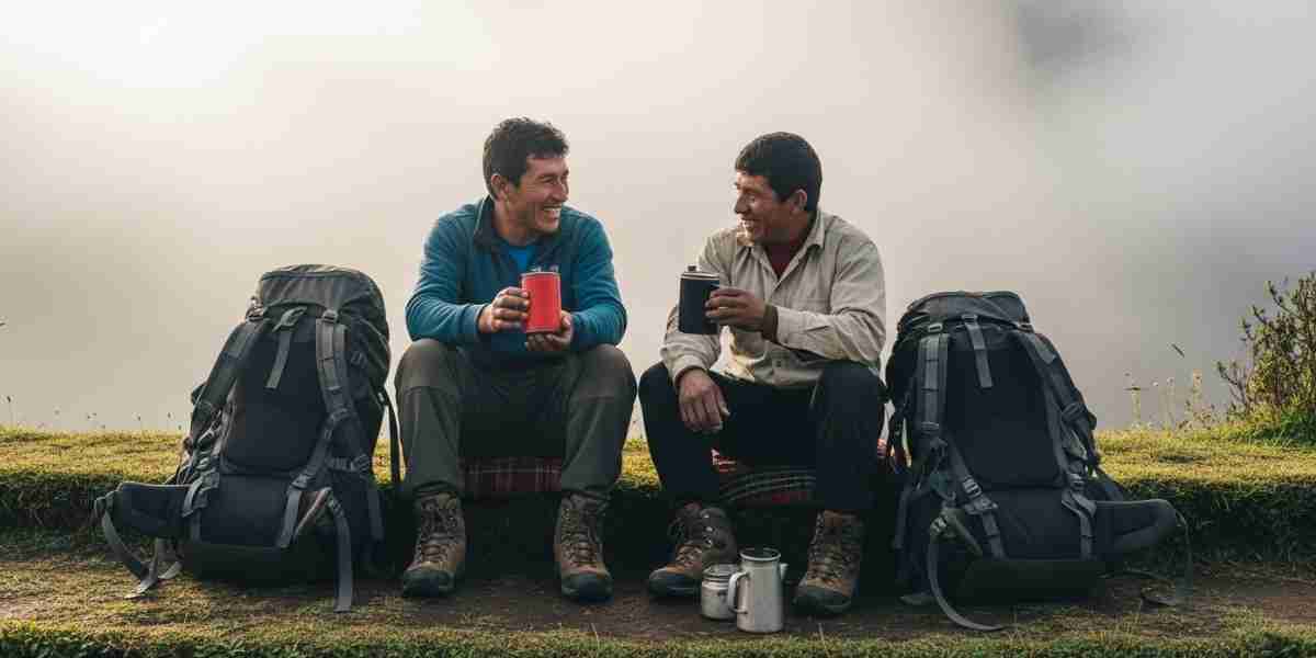 A group of porters resting and smiling, showcasing ethical porter treatment with proper gear on the trail to Machu Picchu.