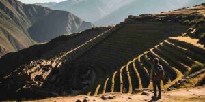 A sweeping view of the less-crowded ruins near Cusco, showing the ancient Inca terraces of Pisac under a dramatic Andean sky.