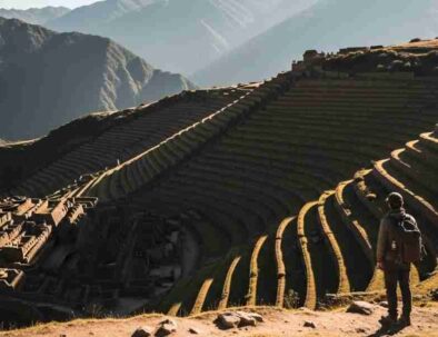 A sweeping view of the less-crowded ruins near Cusco, showing the ancient Inca terraces of Pisac under a dramatic Andean sky.