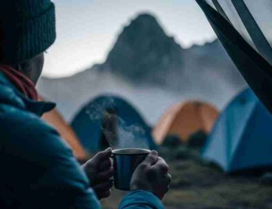 A trekker enjoys a warm cup of coca tea at dawn during a day in the life on the Inca Trail, with tents and mountains in the background.