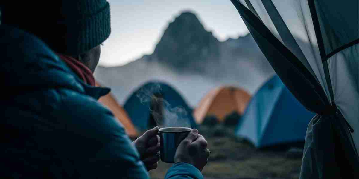 A trekker enjoys a warm cup of coca tea at dawn during a day in the life on the Inca Trail, with tents and mountains in the background.