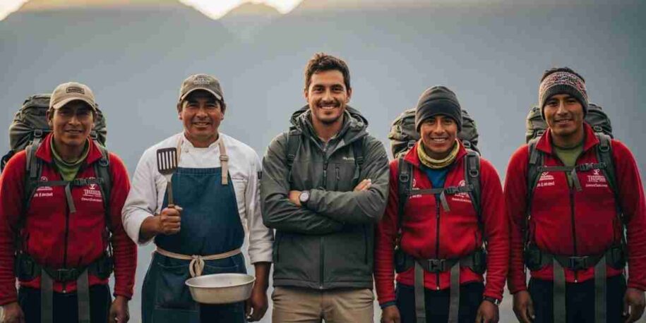 A smiling and professional Inca Trail team, including a guide, chef, and porters, standing together in the Andean mountains of Peru.