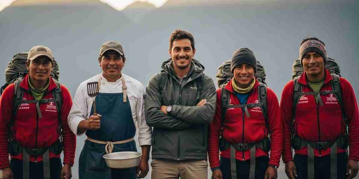 A smiling and professional Inca Trail team, including a guide, chef, and porters, standing together in the Andean mountains of Peru.