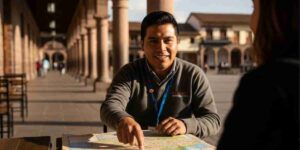 A welcoming guide from a local Cusco agency discussing a map with a traveler in the Plaza de Armas in Cusco.