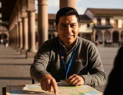 A welcoming guide from a local Cusco agency discussing a map with a traveler in the Plaza de Armas in Cusco.