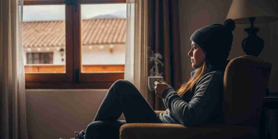 A traveler relaxing on a hotel balcony with a cup of coca tea, following an expert acclimatization plan in Cusco, Peru.