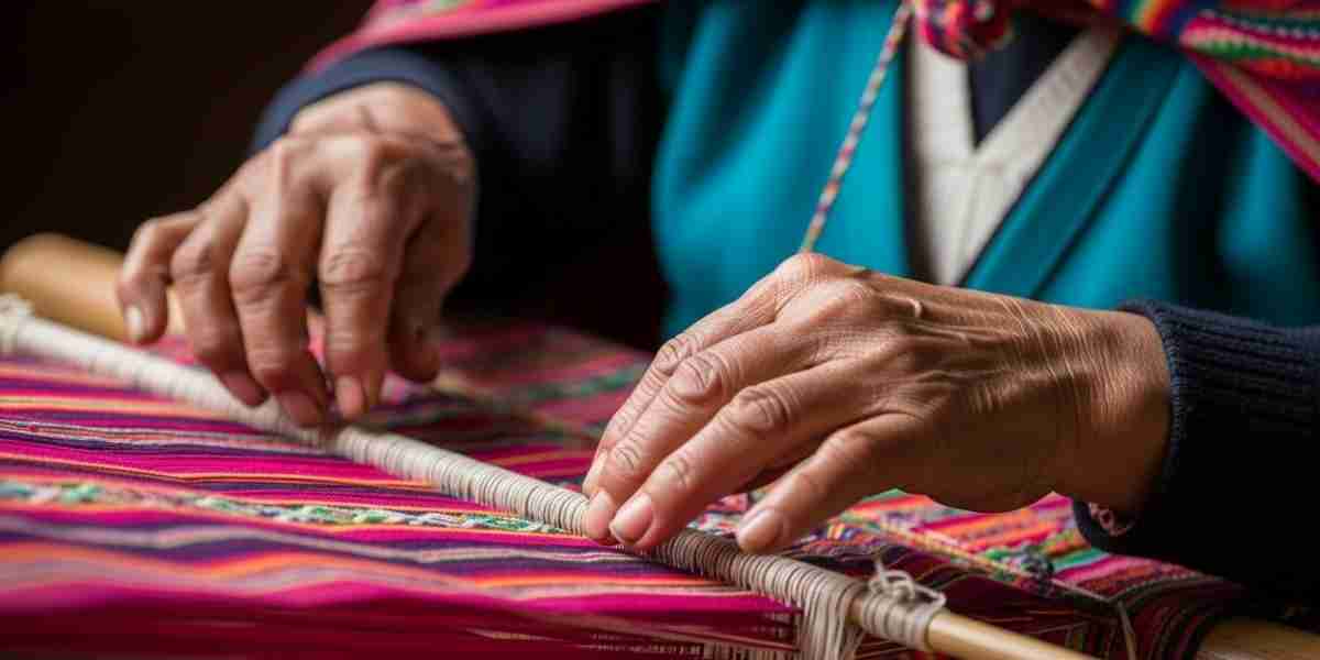 Andean woman demonstrating traditional Quechua weaving techniques with colorful threads.