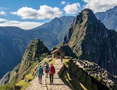 Hikers on the Inca Trail with a clear view of Machu Picchu on a sunny day, showcasing the best time to hike the Inca Trail.