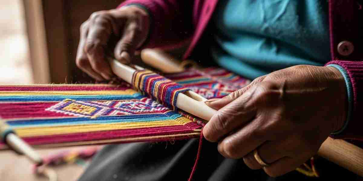 Close-up on the hands of an Andean weaver, demonstrating traditional Peruvian weaving traditions on a handmade loom with vibrant, naturally dyed wool.