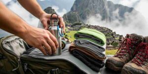 An adventurer packing a backpack with essential gear for the Inca Trail Packing List, showing items like layers, a water bottle, and hiking boots.