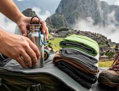 An adventurer packing a backpack with essential gear for the Inca Trail Packing List, showing items like layers, a water bottle, and hiking boots.