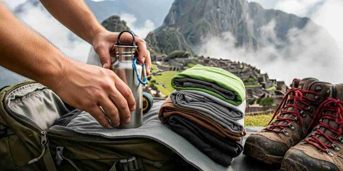 An adventurer packing a backpack with essential gear for the Inca Trail Packing List, showing items like layers, a water bottle, and hiking boots.