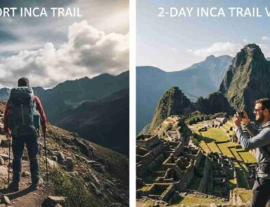 A split view showing a hiker on the challenging Classic Inca Trail path and another hiker nearing the Sun Gate, illustrating the Short Inca Trail vs Classic choice.