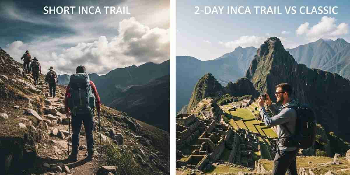 A split view showing a hiker on the challenging Classic Inca Trail path and another hiker nearing the Sun Gate, illustrating the Short Inca Trail vs Classic choice.