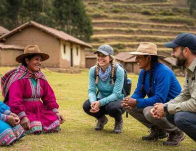 Travelers respectfully interacting with members of Inca Trail local communities in the Andes.