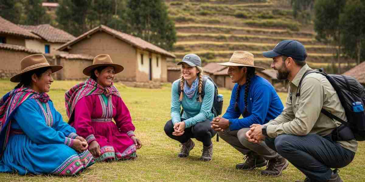 Travelers respectfully interacting with members of Inca Trail local communities in the Andes.