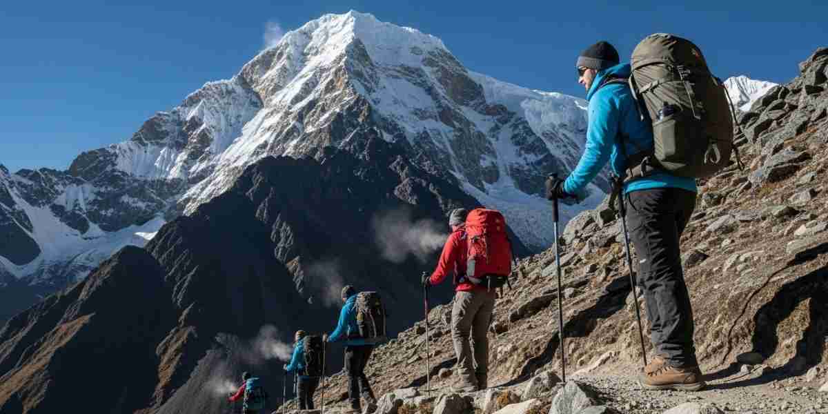 Trekkers ascending a steep, rocky path towards the massive, snow-covered Salkantay mountain, illustrating the Salkantay Trek difficulty.