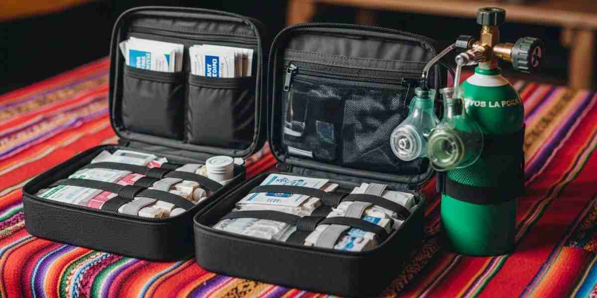 A detailed view of a comprehensive first aid kit and an oxygen tank ready for a high-altitude trek in Peru.
