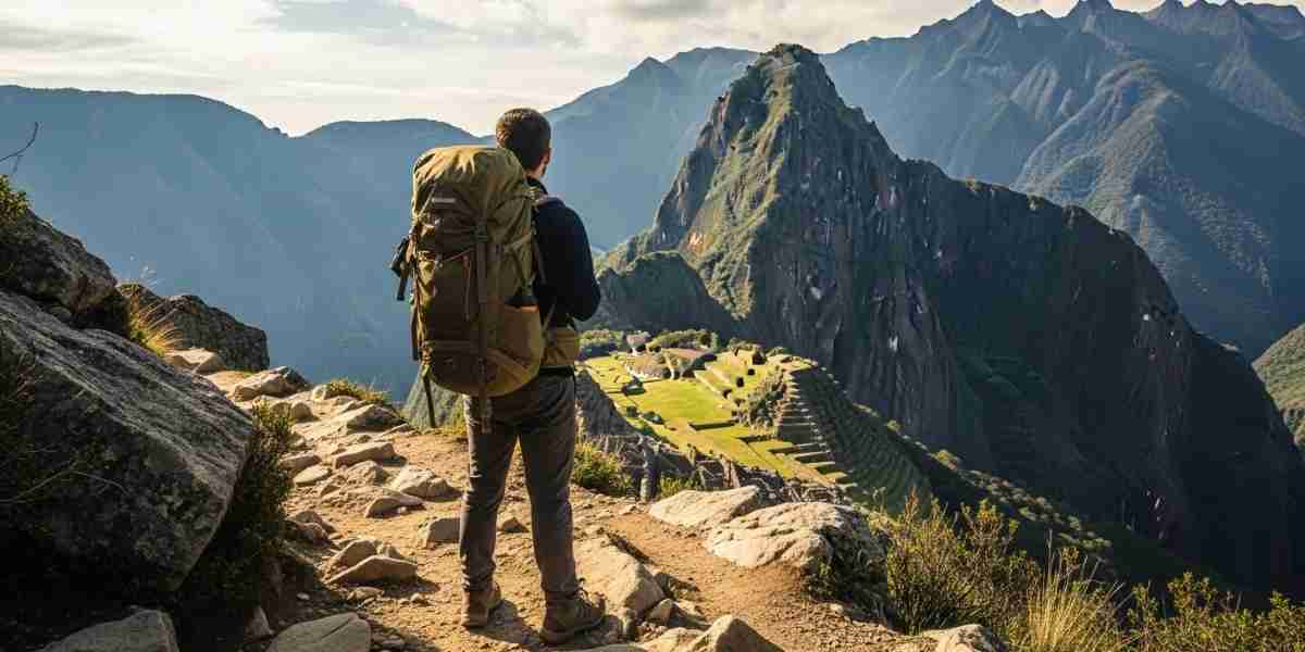  A hiker with a backpack standing on the Inca Trail with stunning Andean mountains in the background, showcasing an essential Inca Trail packing list.
