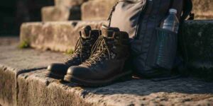 A hiker's well-worn hiking boots and a daypack resting on a stone step, part of a detailed Inca Trail training plan.