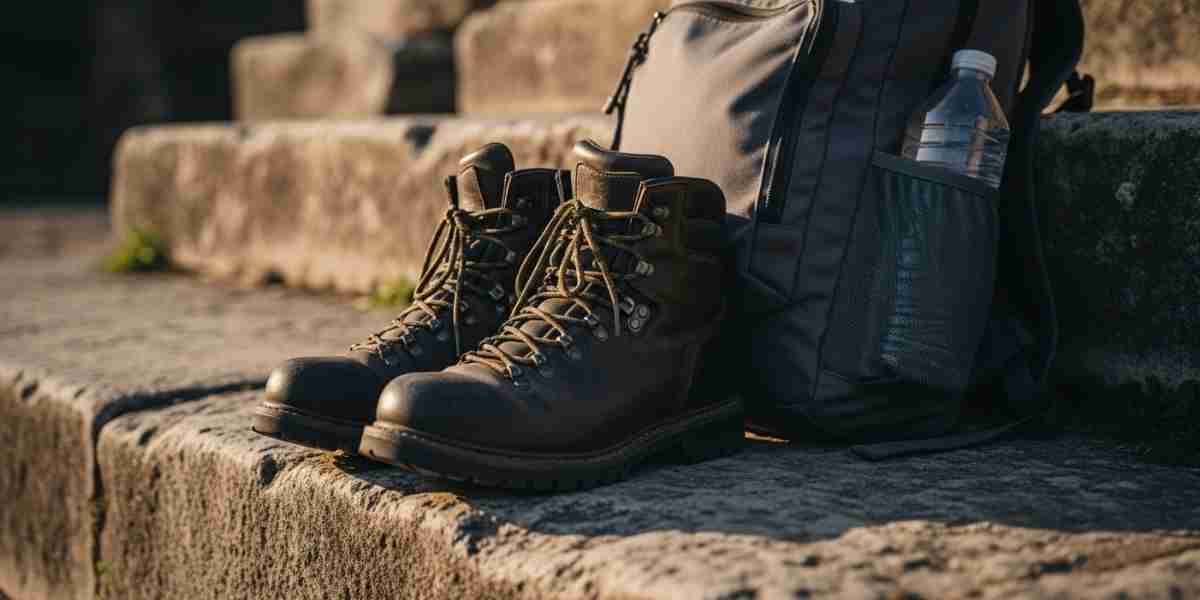 A hiker's well-worn hiking boots and a daypack resting on a stone step, part of a detailed Inca Trail training plan.