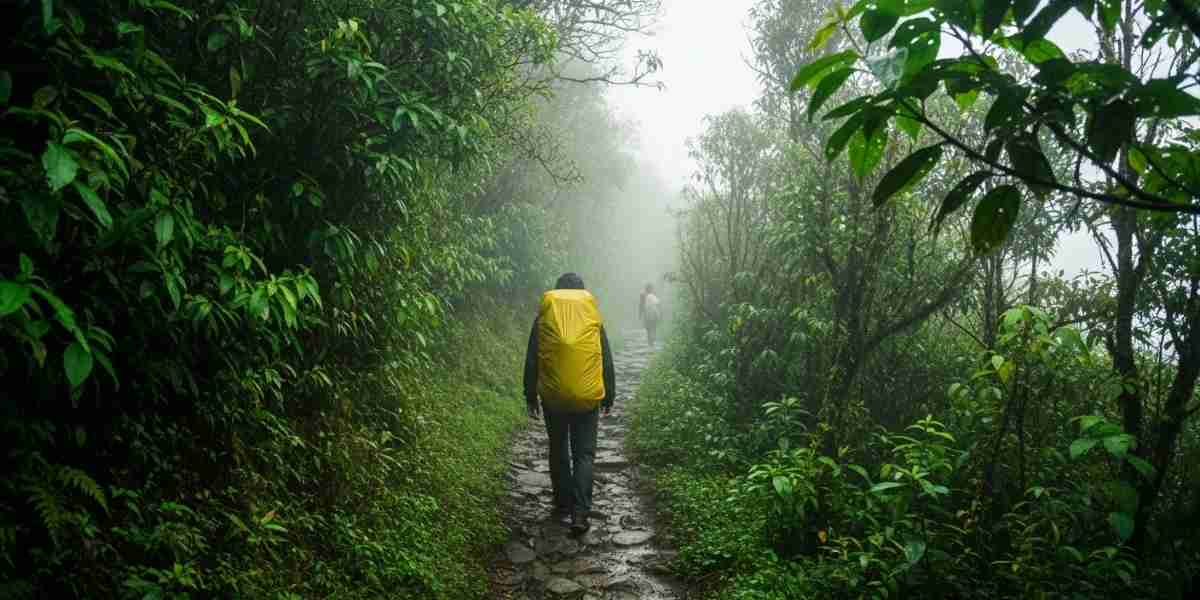 Lush green mountains and a misty trail during the Inca Trail's wet season, highlighting its unique beauty.