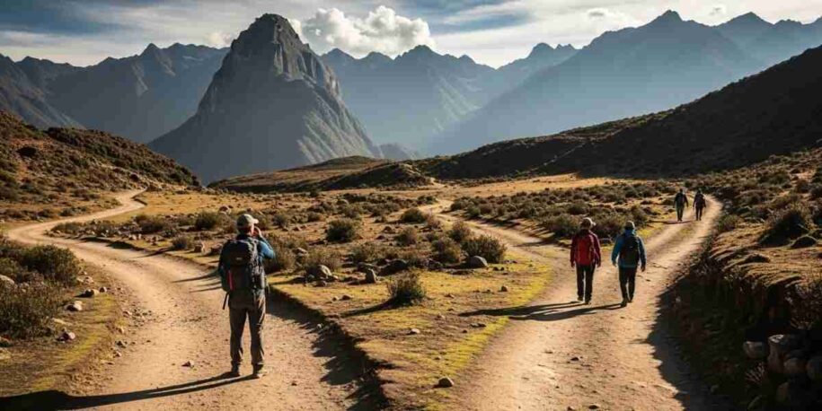 A fork in a trail in the Peruvian Andes, symbolizing the choice between a Private Tour vs. Small Group Trek.