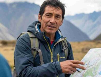 A certified trekking guide explaining trail safety protocols to a group of hikers in the Peruvian Andes.