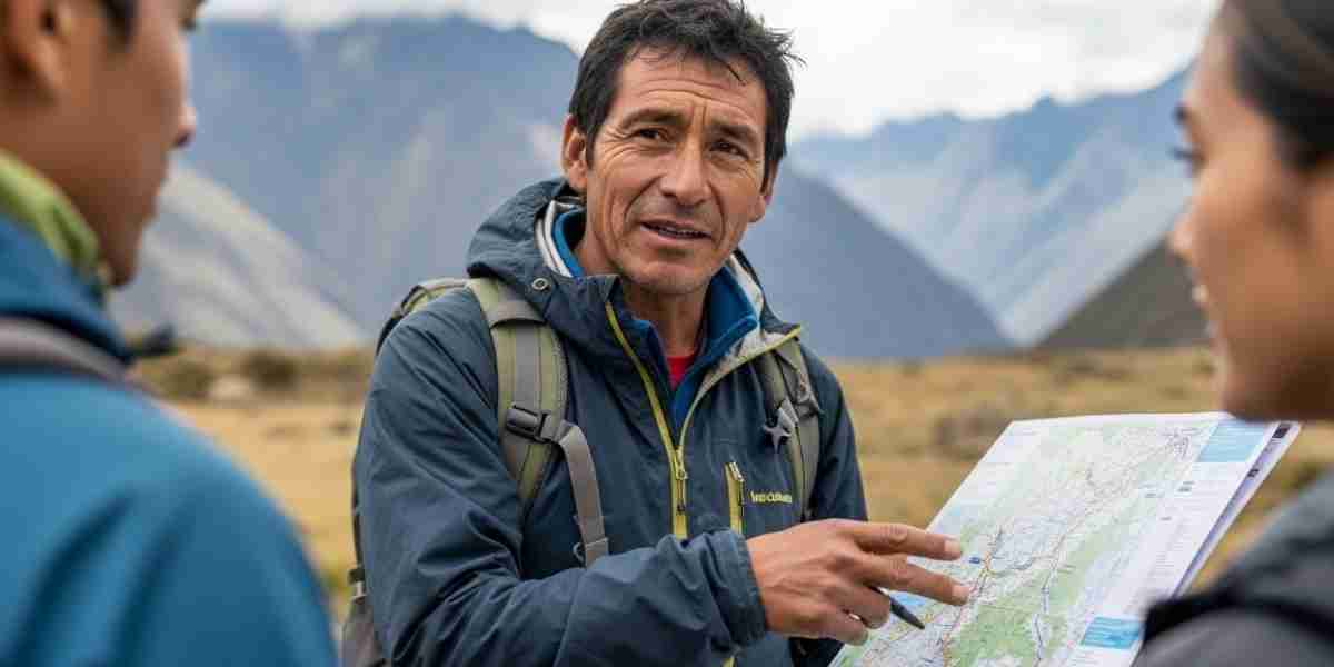 A certified trekking guide explaining trail safety protocols to a group of hikers in the Peruvian Andes.