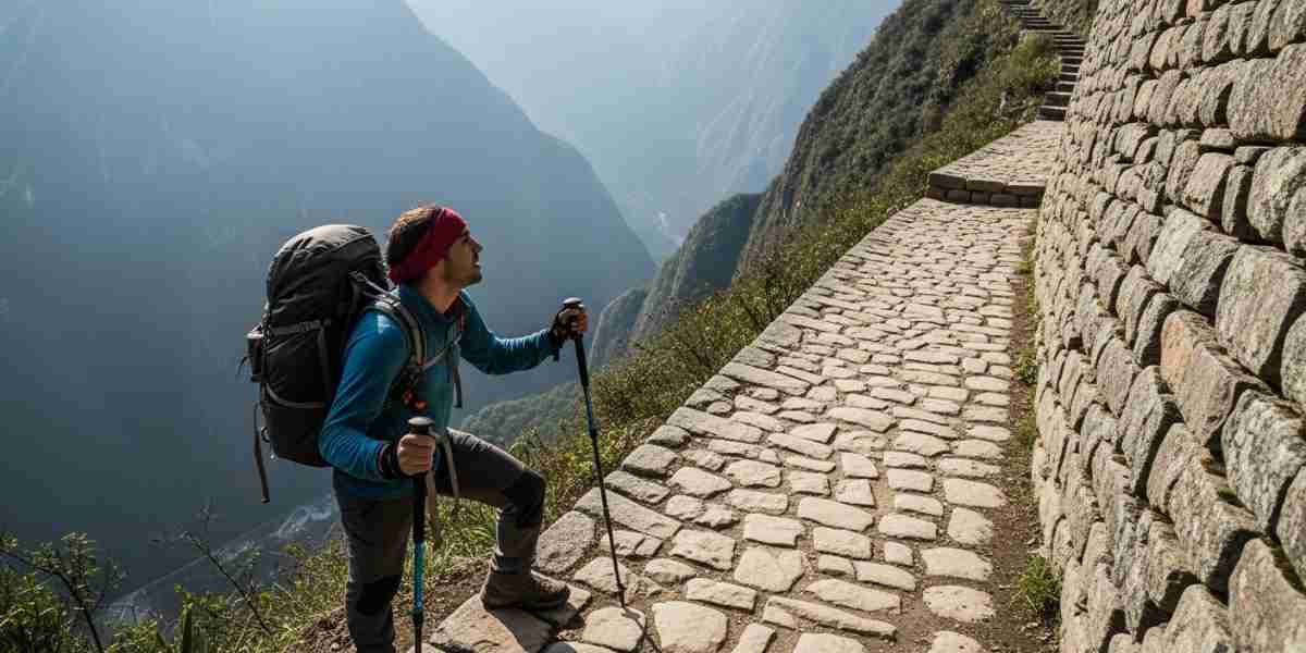 A trekker pausing to catch their breath on a steep section of the Inca Trail, illustrating the Inca Trail difficulty comparison.