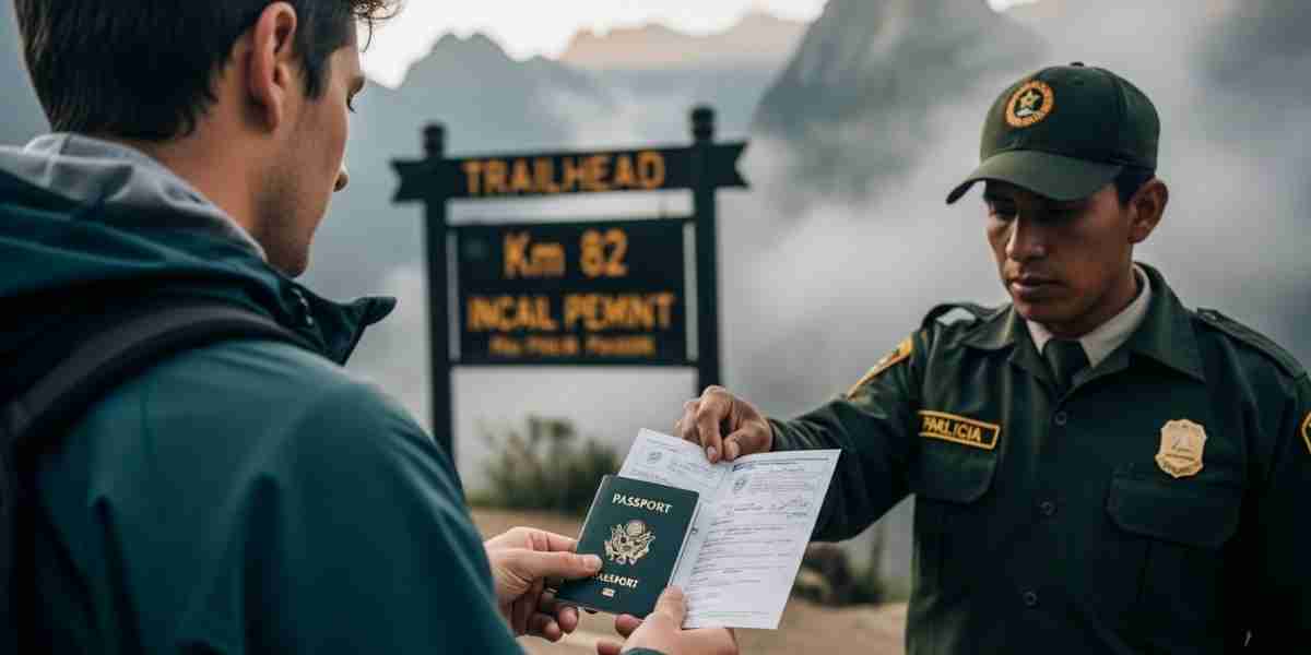 A trekker showing their passport and official Inca Trail permits to a park ranger at a checkpoint at the start of the trail.