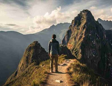 A lone hiker pausing on a high Andean trail, looking out at a vast mountain range, embodying the moment of self-reflection needed to confront your present in Peru.