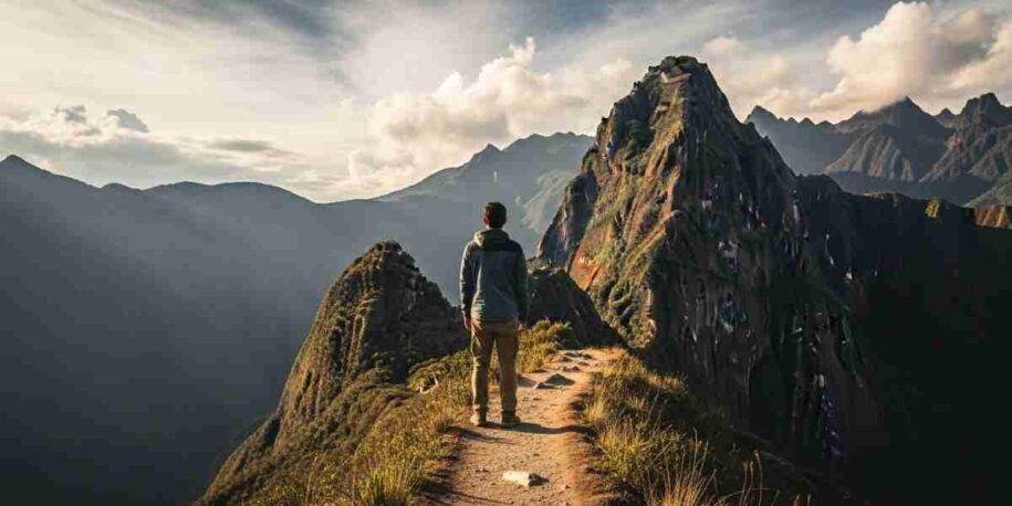 A lone hiker pausing on a high Andean trail, looking out at a vast mountain range, embodying the moment of self-reflection needed to confront your present in Peru.