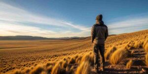 A lone traveler gazes across the vast, golden expanse of the Peruvian high plateau, illustrating the Altiplano's profound beauty at sunset.