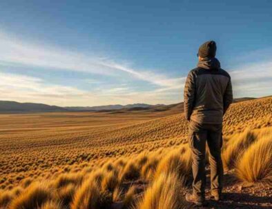 A lone traveler gazes across the vast, golden expanse of the Peruvian high plateau, illustrating the Altiplano's profound beauty at sunset.