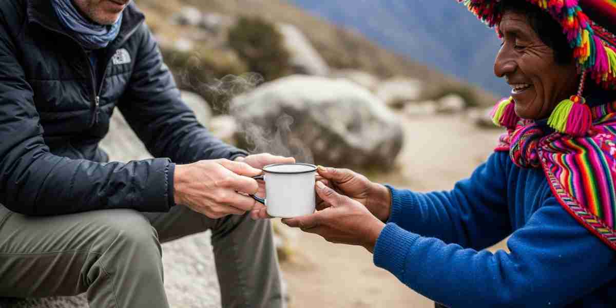 A trekking guide kindly offers a cup of coca tea to a traveler resting on a rock in the Andes, illustrating one of the essential altitude sickness lessons.