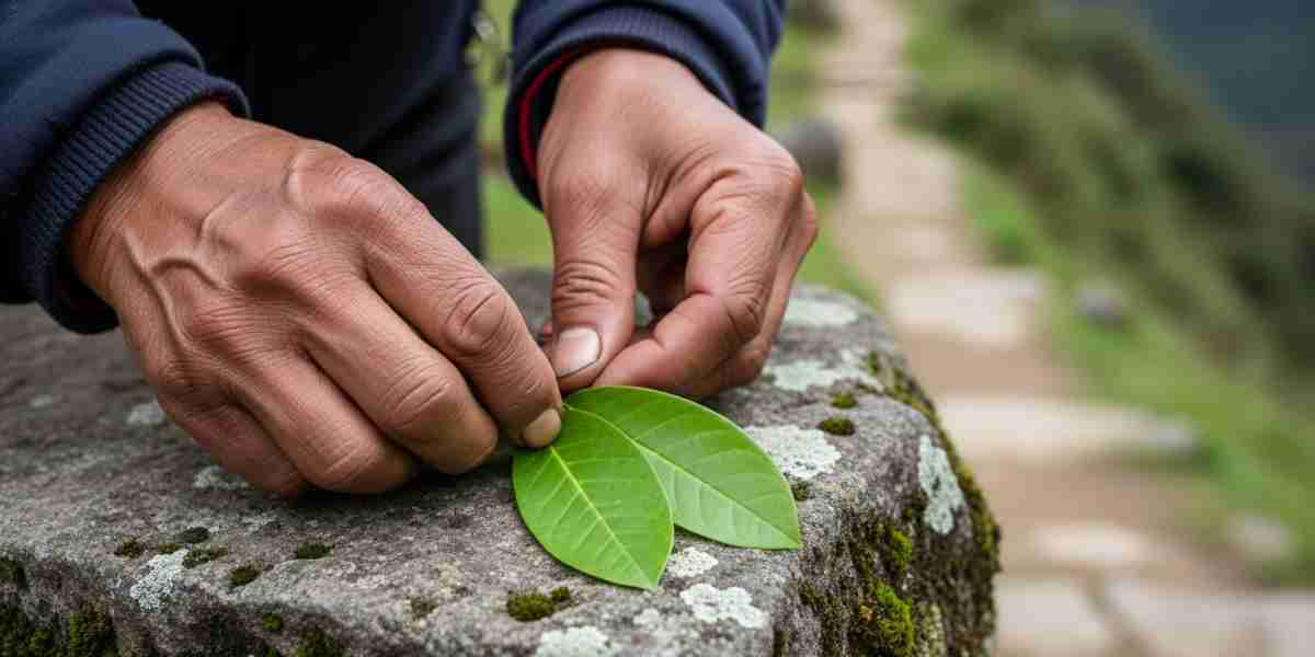 A close-up of a Peruvian guide's weathered hands making a traditional offering of coca leaves, a practice central to Andean cosmology.
